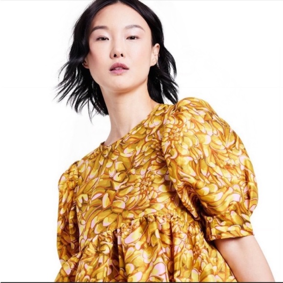 NWT Kika Vargas for Target Floral Puff Sleeve Mini Dress Gold - Picture 4 of 6